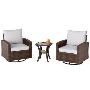 2-Piece Patio Swivel Rocker Set w/ Rattan Table & Cushions - Outdoor Wicker Chairs for Deck, Porch - 1 of 4
