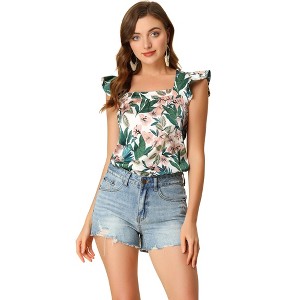 Allegra K Women's Tropical Floral Printed Square Neck Ruffle Sleeve Tank Top - 1 of 4
