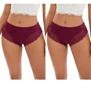 INSPIRE CHIC 2 Pcs Women's Wide Lace Trim Mid-Waisted Underwear Plus Size Full Coverage Comfortable Briefs - 1 of 4