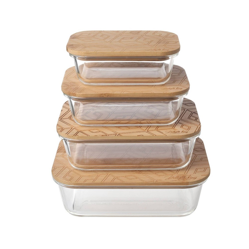 Delight King 8pc High Borosilicate Glass Food Storage Containers with Painted Geometric Bamboo Lids