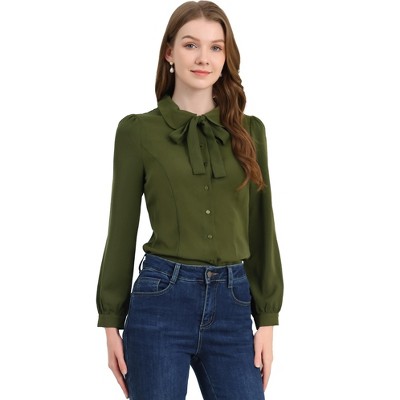 INSPIRE CHIC Women's Peter Pan Collar Bow Tie Neck Puff Long Sleeve Workwear Button Blouses