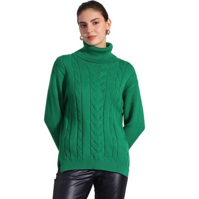 Allegra K Women's High Low Split Long Sleeve Turtleneck Cable Knit Sweater Jumpers