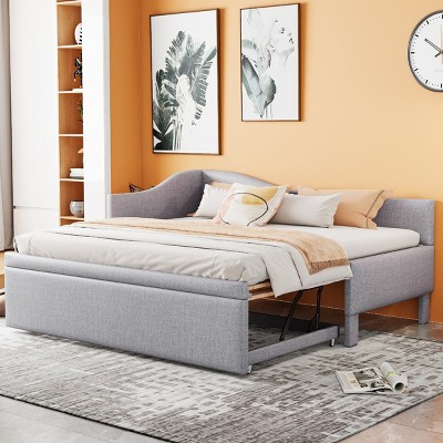 Twin Size Upholstered L-Shaped Daybed with Pop-Up Trundle, Beds Convertible to Larger Size, Wood Frame Space-Saving Style Bed-Baofuwish