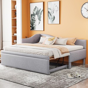 Twin Size Upholstered L-Shaped Daybed with Pop-Up Trundle, Beds Convertible to Larger Size, Wood Frame Space-Saving Style Bed-Baofuwish - 1 of 4