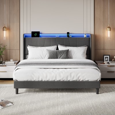 Sponge + Plywood LED Storage Soft Bed - LED Bed Storage, Soft Bed Headboard, High Headboard, Bed with Shelf, Bed with LED Light