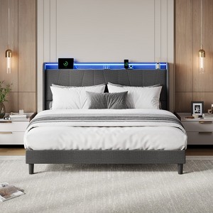 Sponge + Plywood LED Storage Soft Bed - LED Bed Storage, Soft Bed Headboard, High Headboard, Bed with Shelf, Bed with LED Light - 1 of 4