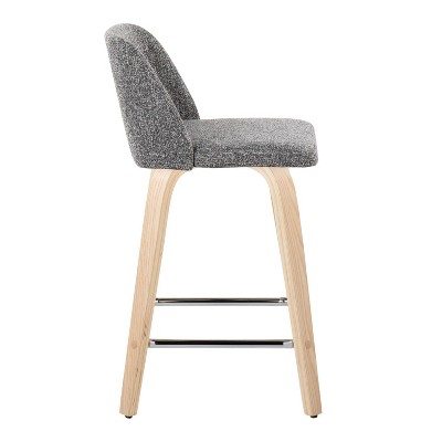 Gray and Natural Wood Swivel Counter Stool with Chrome Footrest