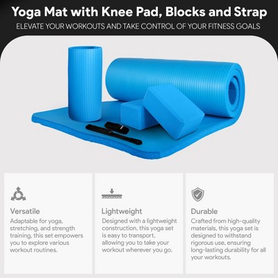 Extra Thick Blue High Density Foam Yoga Mat Set with Knee Pad and Blocks