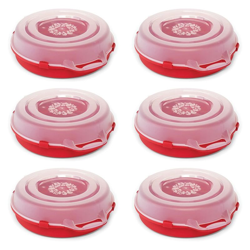 Homz 24'' Stackable and Nestable Holiday Wreath Plastic Storage Containers with Secure Latching Lid and Easy Grip Handle, Red/Clear (6 Pack), 1 of 7