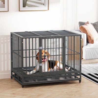 Heavy Duty Dog Crate for Large Dogs,Escape-Proof Metal Dog Cage with Wheels and Tray,Indoor Kennel-LAOTIES