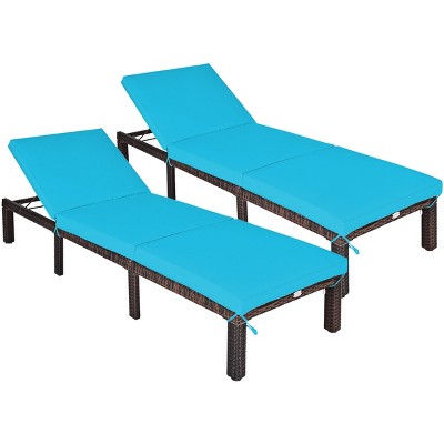 Tangkula 2-Piece Outdoor Rattan Chaise Lounge Chair Adjustable Backrest Recliner with Turquoise Cushions