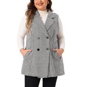 Agnes Orinda Women's Plus Size Houndstooth Sleeveless Notched Lapel Button with Pockets Suit Vests - 1 of 4