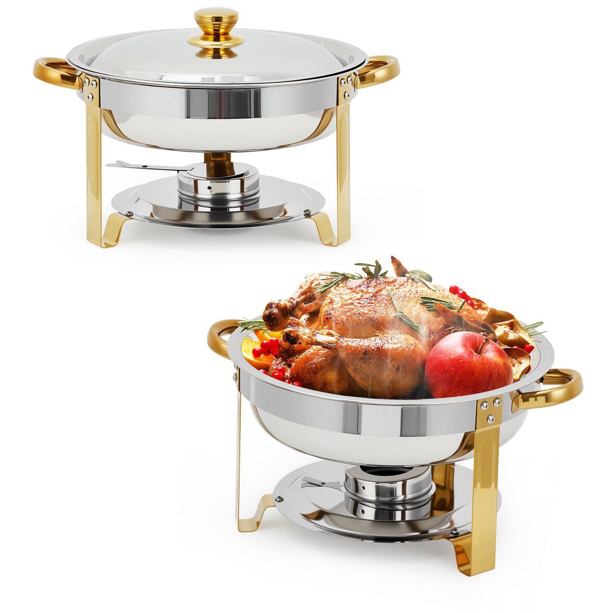 5QT Round Stainless Steel Chafing Dish Set – Professional Buffet Food Warmer with Lids & Fuel Holders, for Catering, Parties, Weddings, Banquets