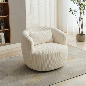 34.25'' Corduroy 360° Swivel Barrel Accent Chair with Pillow, Recessed Arms and Durable Metal Base - 1 of 4