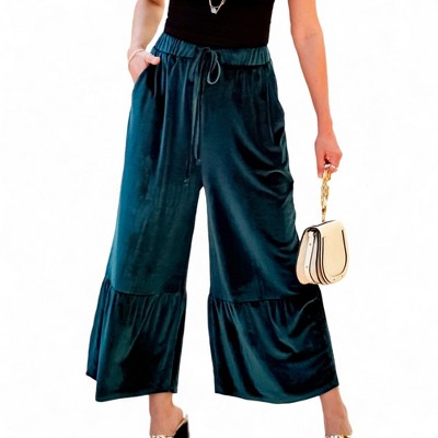 Amaryllis Women's Velvet Wide-Leg Tiered Pants High-Waisted Drawstring Flowing Silhouette Luxe Soft Fabric