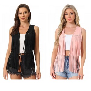 INSPIRE CHIC Women's 70s Western Open Front Faux Suede Fringe Vest 2 Packs - 1 of 4