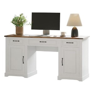 GustoWave 60" Farmhouse Executive Desk with 3 Drawers - Large Wood Computer Desk with Storage Cabinet, Easy Assembly, White - 1 of 4