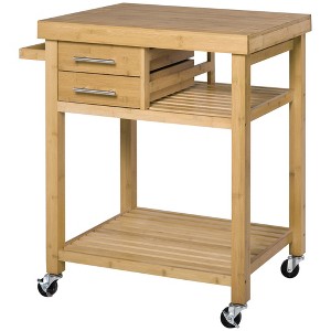 HOMCOM Bamboo Kitchen Island Cart on Wheels, Utility Trolley Cart with 2 Storage Drawers and Open Shelves, Bamboo Tone - 1 of 4