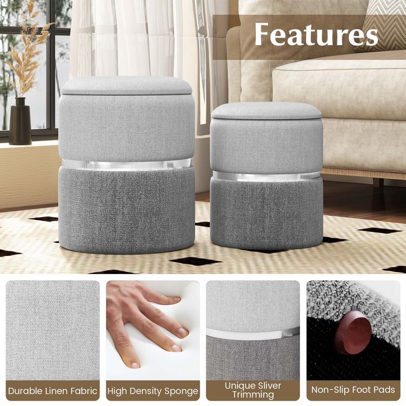 Costway Linen Fabric Storage Ottoman Set of 2 Modern Round Ottoman with Storage for Bedroom, 5 of 9