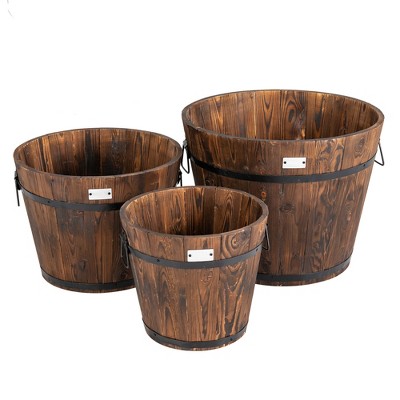 Costway 3 pcs Wooden Planter Barrel Set Decorative Flower Bed Multiple Size