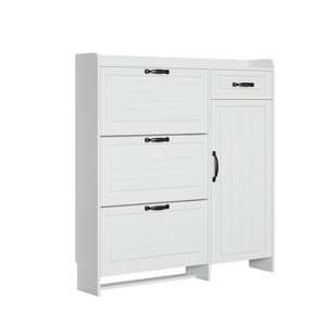 Vynxaria White Shoe Cabinet with 4 Doors and 1 Drawer for Ample Storage - 1 of 4