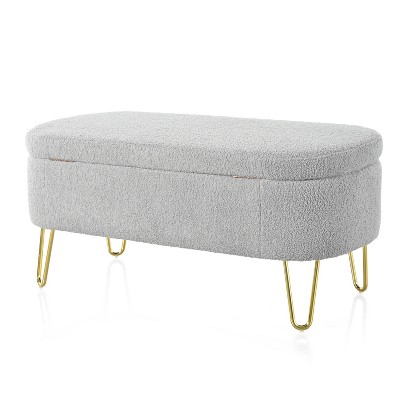 Oval Storage Bench for Living Room Bedroom End of Bed, Upholstered Storage Ottoman Entryway Bench With Metal Legs,Grey