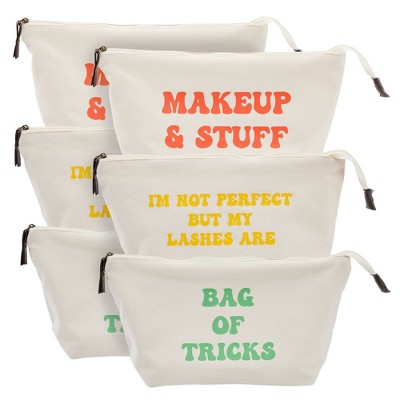 Glamlily 6 Pack Small Canvas Makeup Bags with Zipper for Women, 3 Designs (White, 8 x 4 x 6 In)