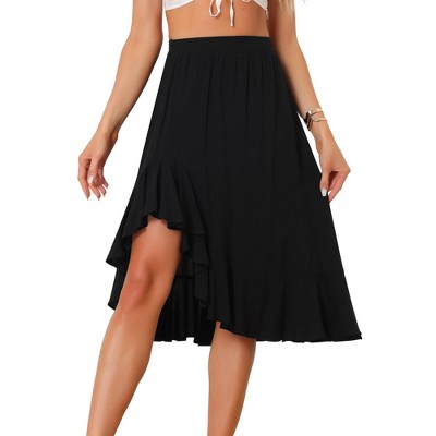 Allegra K Women's Asymmetrical Ruffle Hem High Elastic Waist Solid Midi Skirt