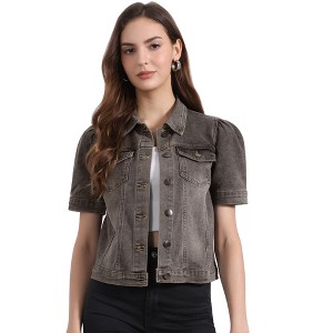 INSPIRE CHIC Women's Casual Short Puff Sleeves Button-Down Jean Denim Jacket - 1 of 4