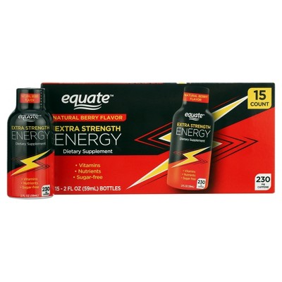 Equate Extra Strength Energy Supplement, 230mg Caffeine, Berry Flavor, Sugar-Free, 15 Pack, 2 fl oz Bottles