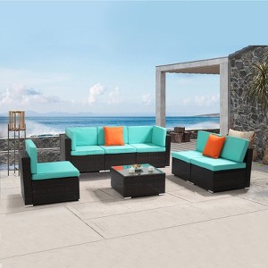 KTMBDW 7 Pieces Outdoor Patio Furniture Sets, Outdoor Sectional Rattan Sofa, Wicker Patio Conversation Set with Cushion, Glass Table, Pillow, Brown - 1 of 4