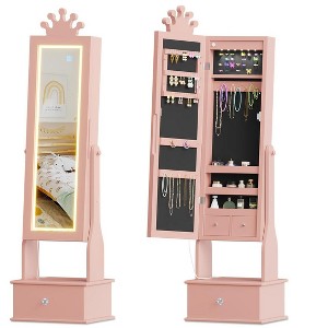 Kids Jewelry Cabinet with Full-Length Mirror, Freestanding Armoire with LED, Storage Drawers, Jewelry Organizer, Princess Theme - 1 of 4