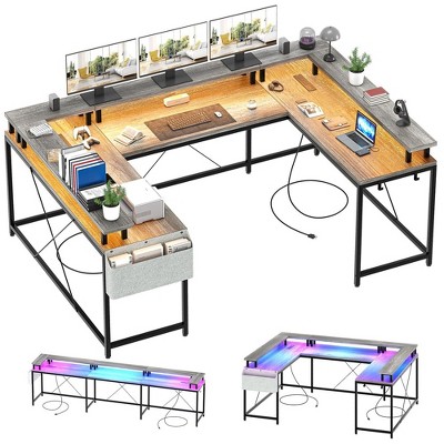 U Shaped Desk, 126 Inch Gaming Desk with Monitor Stand and LED Lights