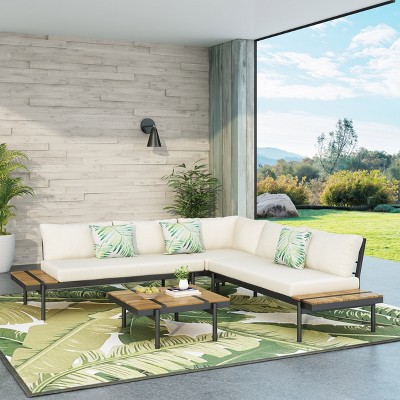 Teak and Black Acacia Wood 5-Seater Outdoor Sectional Sofa with Cream Cushions
