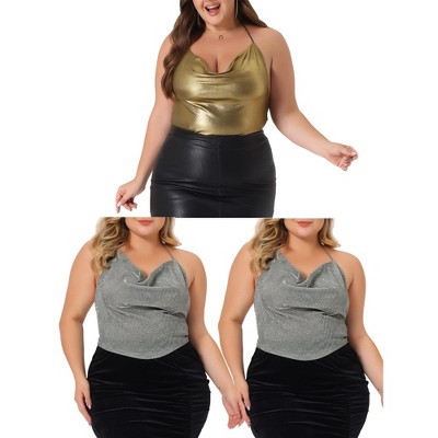 Agnes Orinda Women's Plus Size Backless Halter Sleeveless Glitter Metallic Sequin Party Criss Cross Packs Camisoles