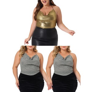 Agnes Orinda Women's Plus Size Backless Halter Sleeveless Glitter Metallic Sequin Party Criss Cross Packs Camisoles - 1 of 4