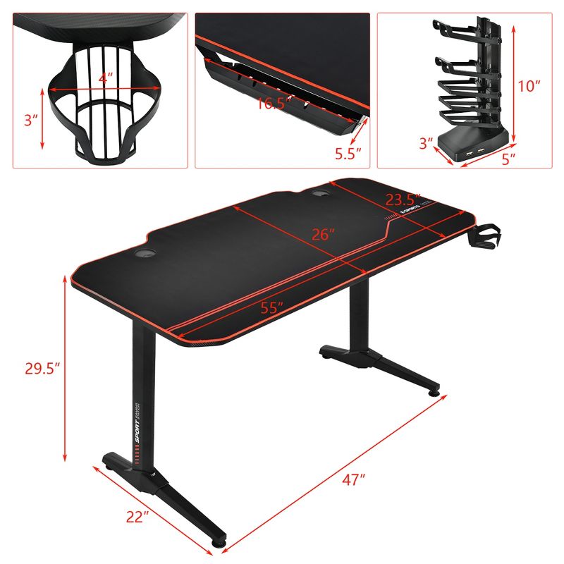 Costway 55'' Gaming Desk T-Shaped Computer Desk w/Full Desk Mouse Pad&Gaming Handle Rack, 3 of 11