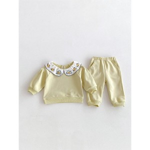 MyKids-USA Cute and Versatile Two-Piece Set: Flowers Embroidered Collar Top and Solid Color Pants for Baby Girls and Toddlers - 1 of 4