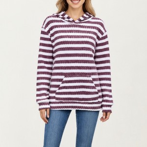 Anna-Kaci Women’s Striped Ribbed Knit Hoodie Top with Soft Textured Fabric Long Sleeves and Kangaroo Pocket Tunic-Length Design - 1 of 4