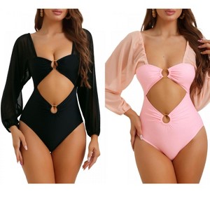INSPIRE CHIC Women's Cut Out Ring Plunge Neck Shirred Long Sleeves Mesh Tummy Control Monokini Swimsuit 2 Sets - 1 of 4