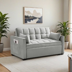 Modern Velvet Loveseat Futon Sofa Couch w/Pullout Bed,Small Love Seat Lounge Sofa w/Reclining Backrest,Toss Pillows - Leovsnove - 1 of 4