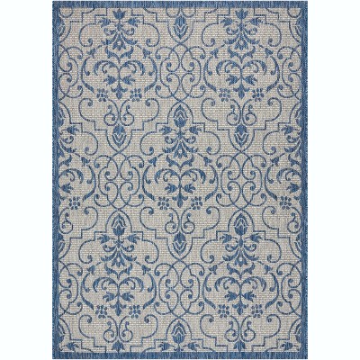 Country Side Chic Blue and Ivory Leaf Design Outdoor Rug