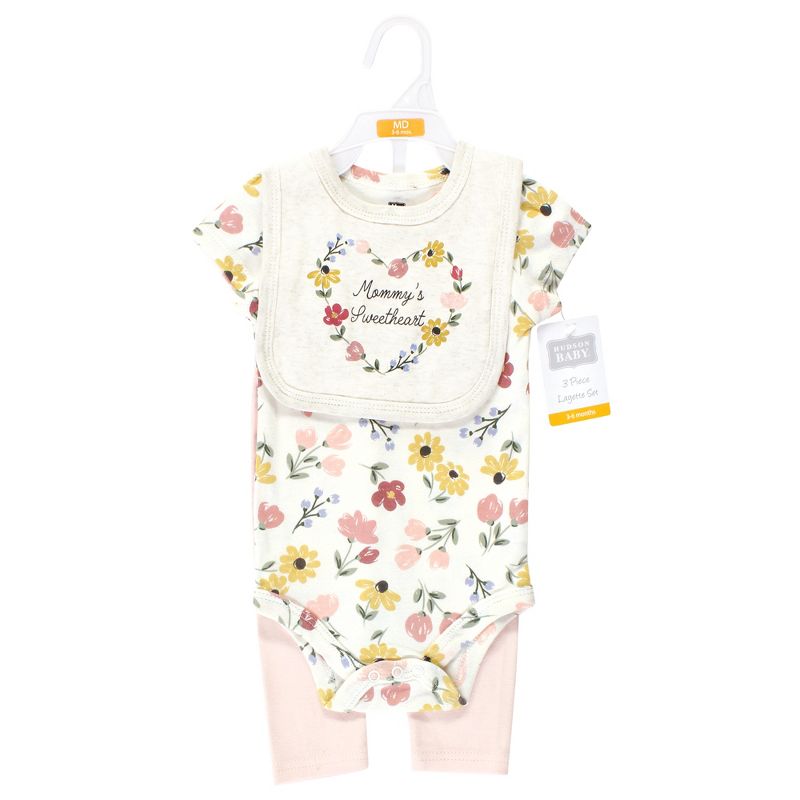 Hudson Baby Infant Girl Cotton Bodysuit, Pant and Bib Set, Soft Painted Floral, 2 of 6