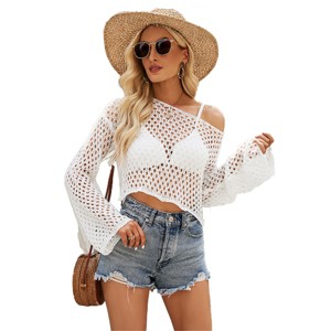 Sheer Crochet Cover-Up Tops with Bell Sleeve Round Neck Lightweight Beach Cover Ups Crochet Knit Loose Fit Hollow Out Cropped Sweater Tops - 1 of 4