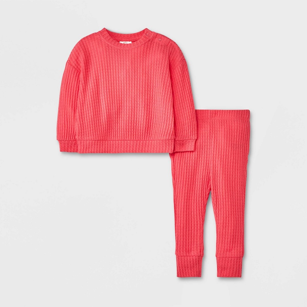 Baby 2pc Long Sleeve Waffle Top & Bottom Set - Cat & Jack Pink 3-6M (2 pack)