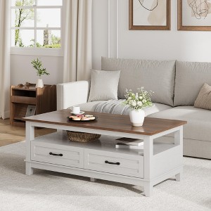 47.24" Farmhouse Coffee Table with Drawers, Rustic Coffee Table Wood Center Table - 1 of 4