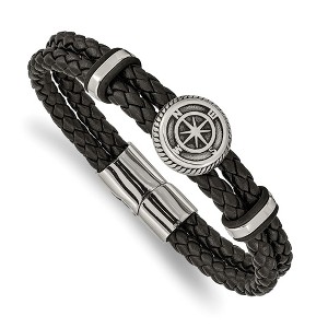 Chisel Stainless Steel Antiqued and Polished Compass Braided Black Leather 8" Bracelet - 1 of 4