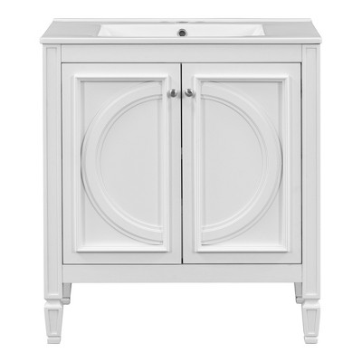 Christopher Knight Home Alison 30" Modern Rubberwood Bathroom Vanity with Ceramic Sink, Shelves and Drawer