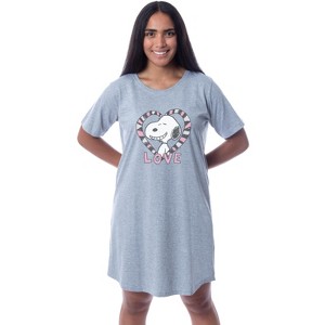 Peanuts Womens' Snoopy Love Valentine's Day Nightgown Sleep Pajama Shirt Grey - 1 of 4