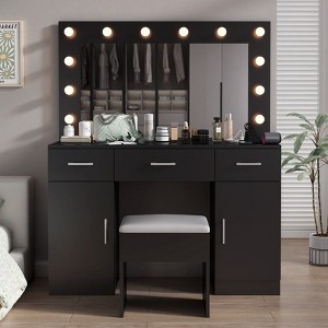 Black Linen Particleboard with Triamine 3 Drawers, 2 Doors, with 12 Tri-color Dimmable Light Bulbs, Rows of Plugs, Glass-topped Vanity Table Set - 1 of 4